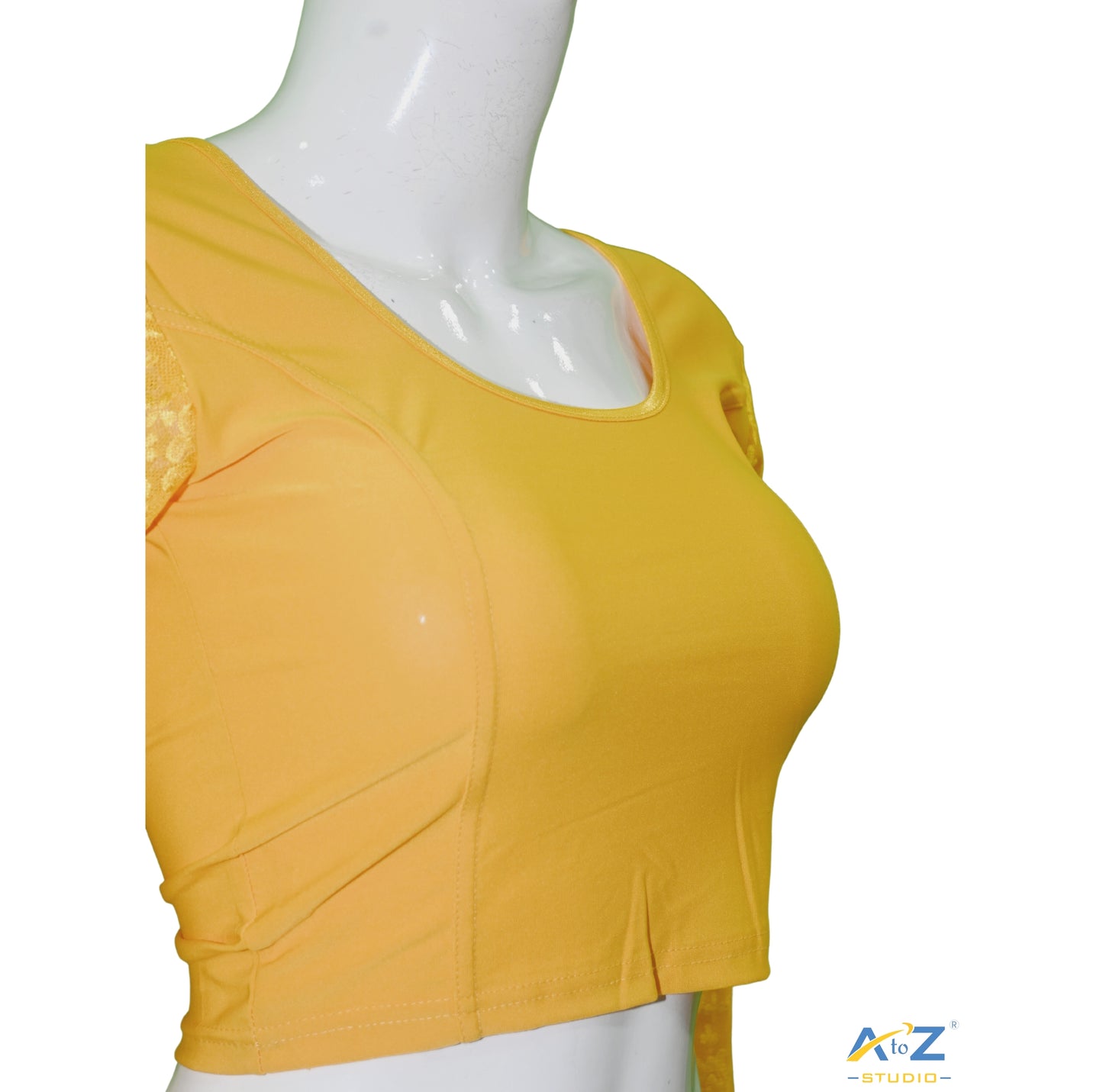 Yellow Polyester Lycra Net Sleeve Flower Design