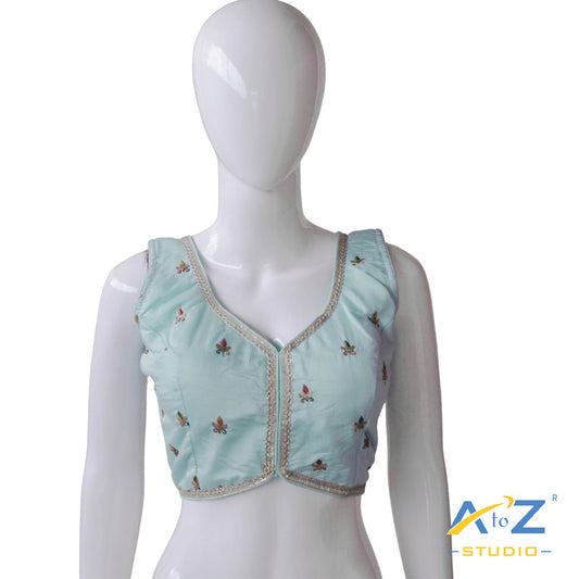 Light Aqua Blue Embroidered Silk Blouse – V-Neck with Front Closure