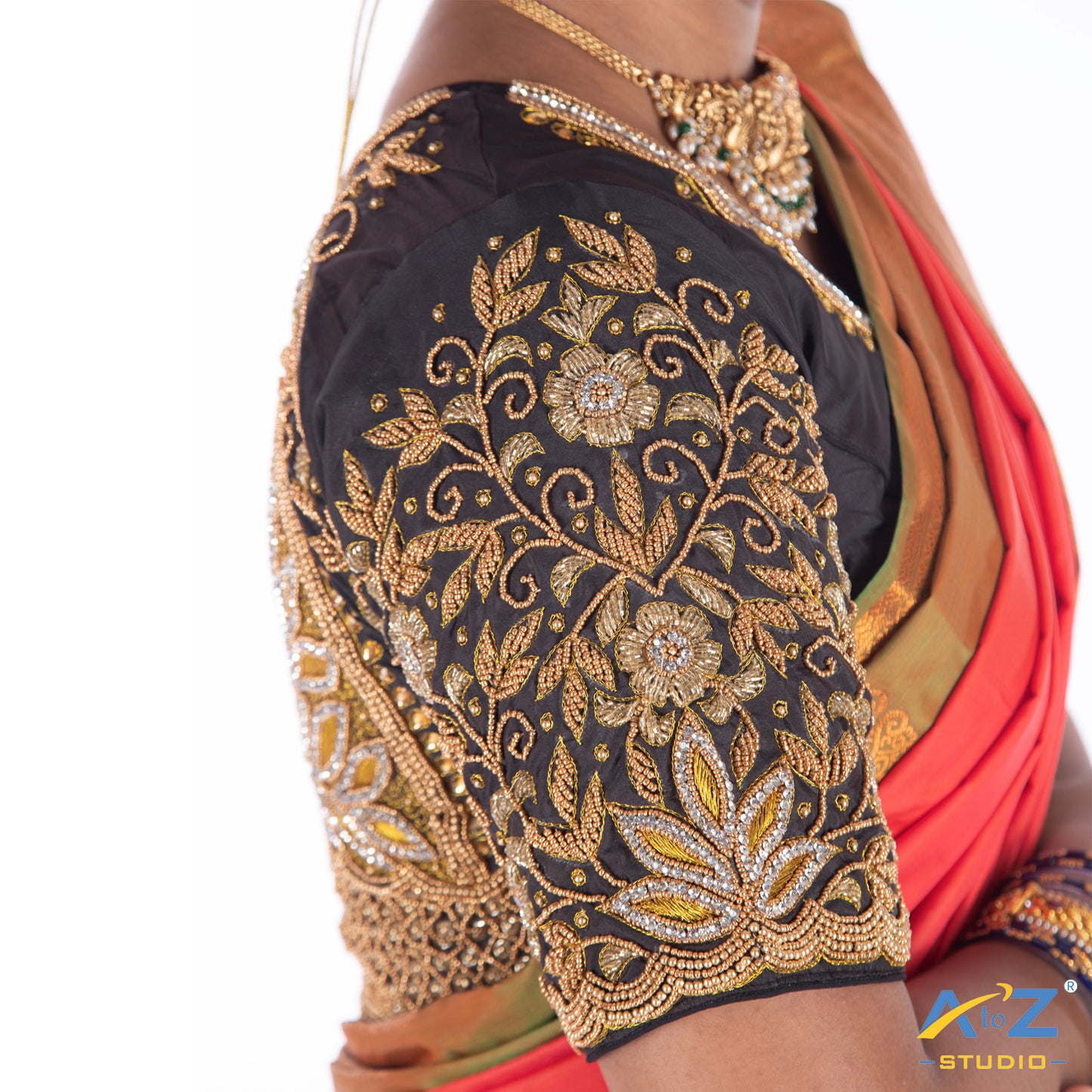 Black Silk Cloth Blouse with (double big peacock at back ) ( flower and leaf at sleeves) Design