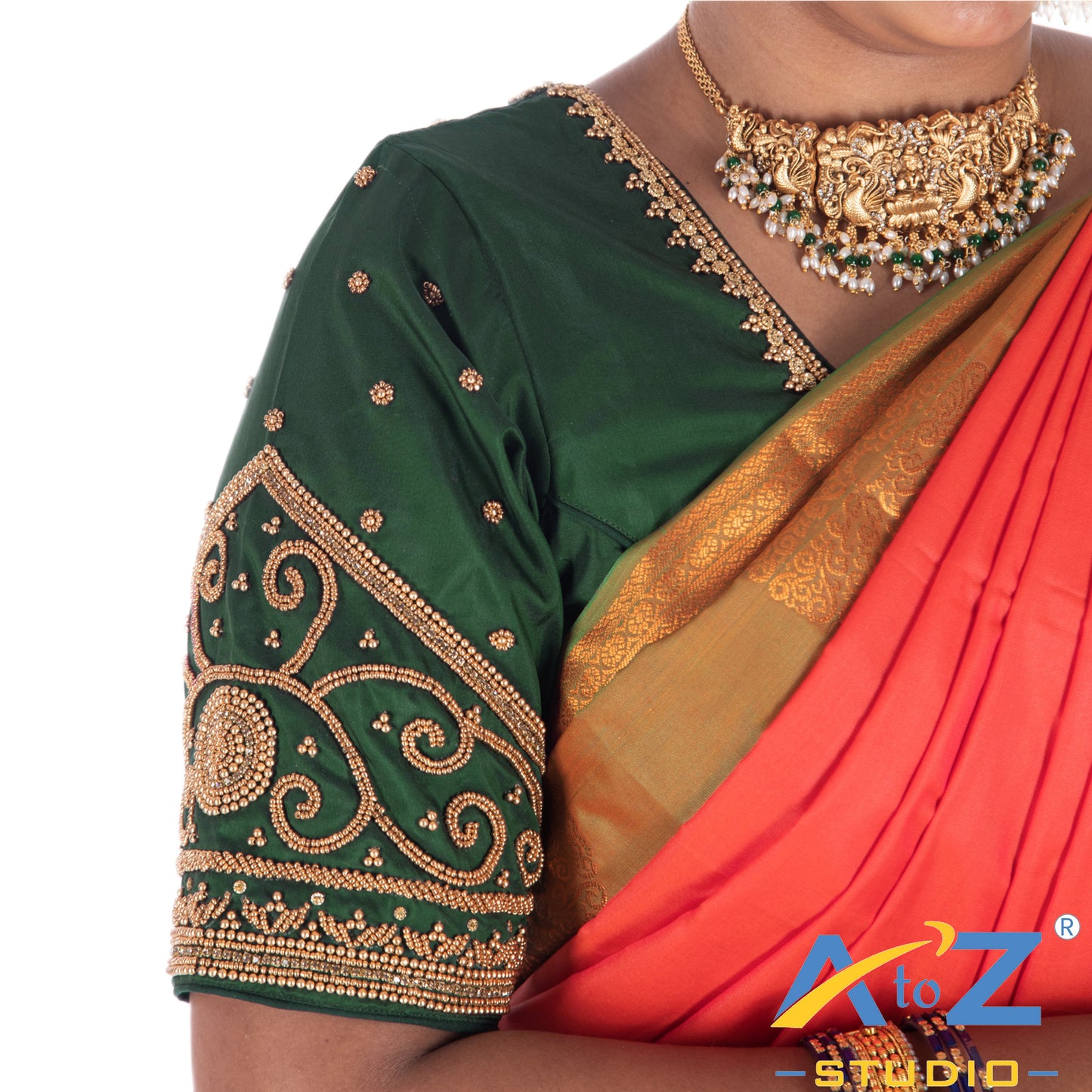 Dark Forest Green Silk Cloth Blouse with Simple plain chain design Design