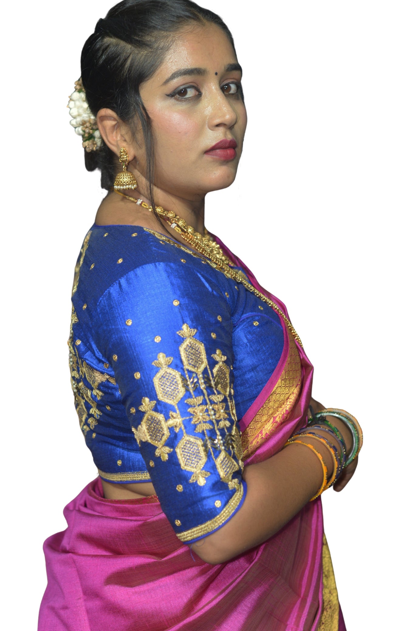Royal Blue Blouse with Floral & Geometric Embroidery