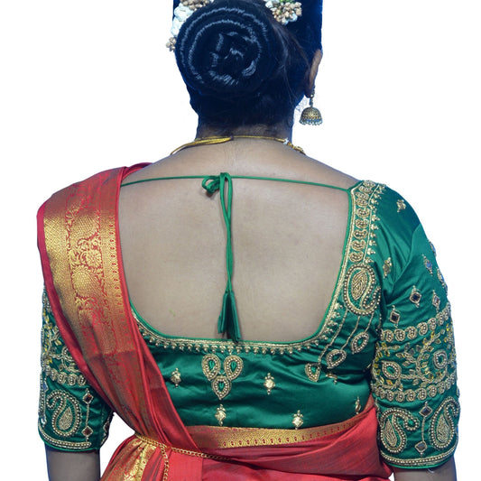 Basil Green Blouse with Kite & Mango Motifs, Dual Embroidery