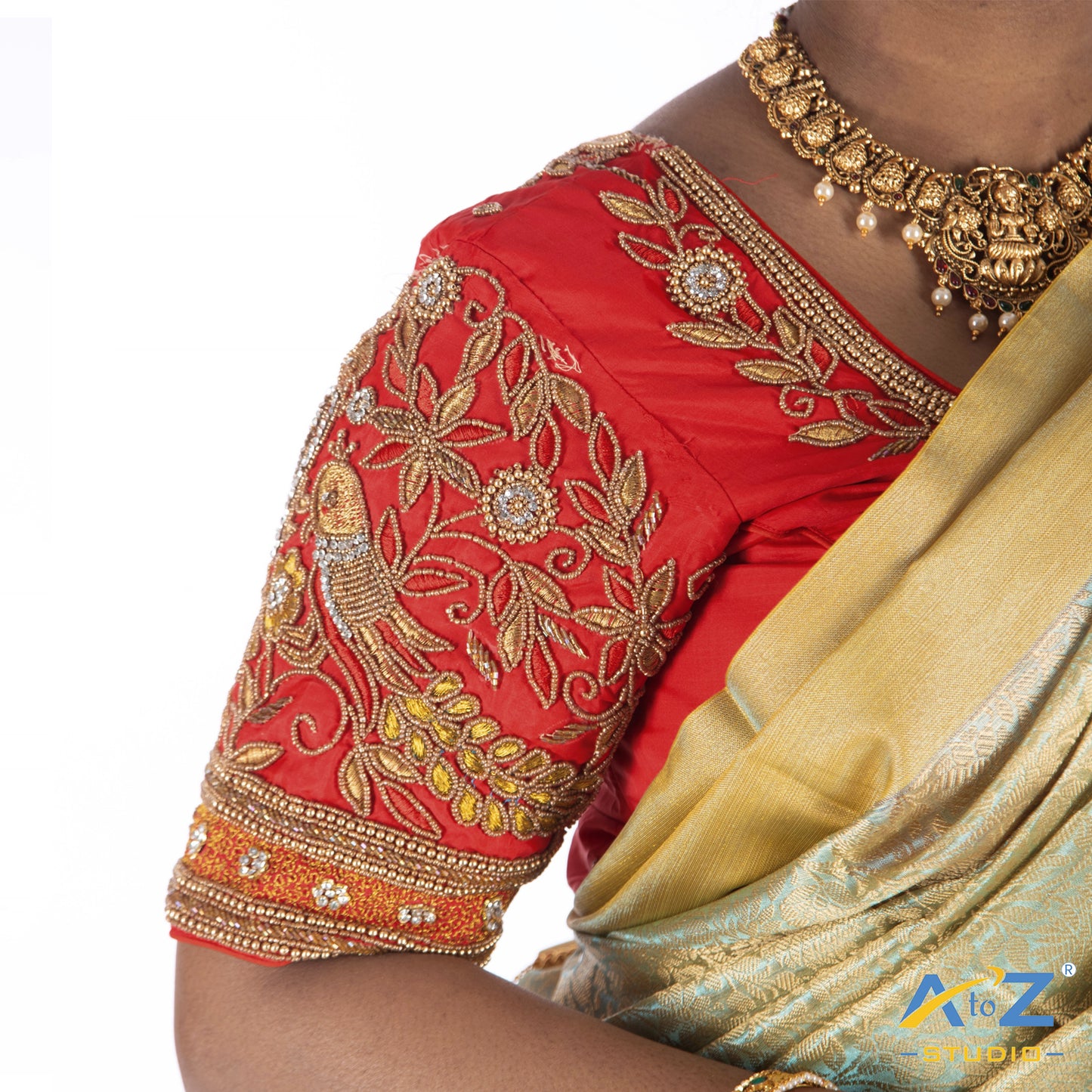 Light Red Silk Cloth Blouse with Flower and Leaf with pearl and chain Design