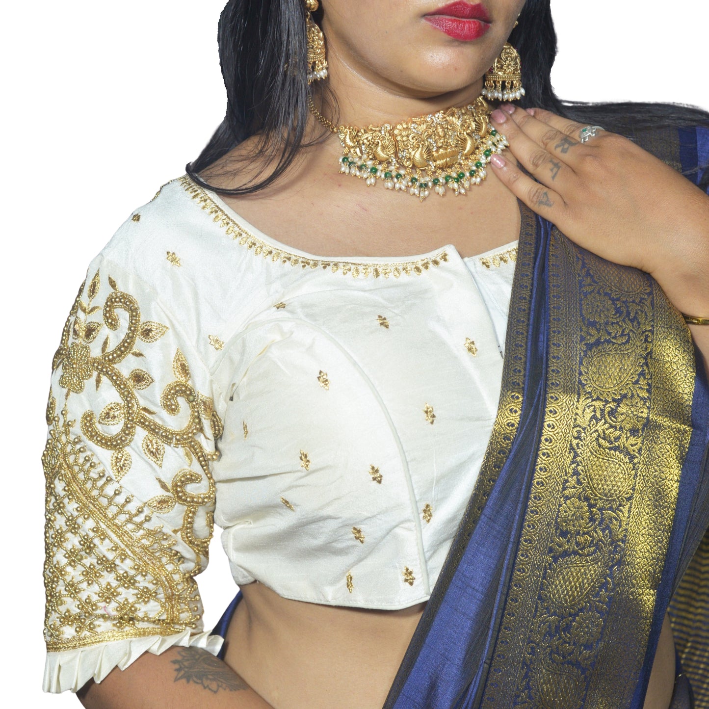 Cream Blouse with Leaf Sleeves & Dual Embroidery