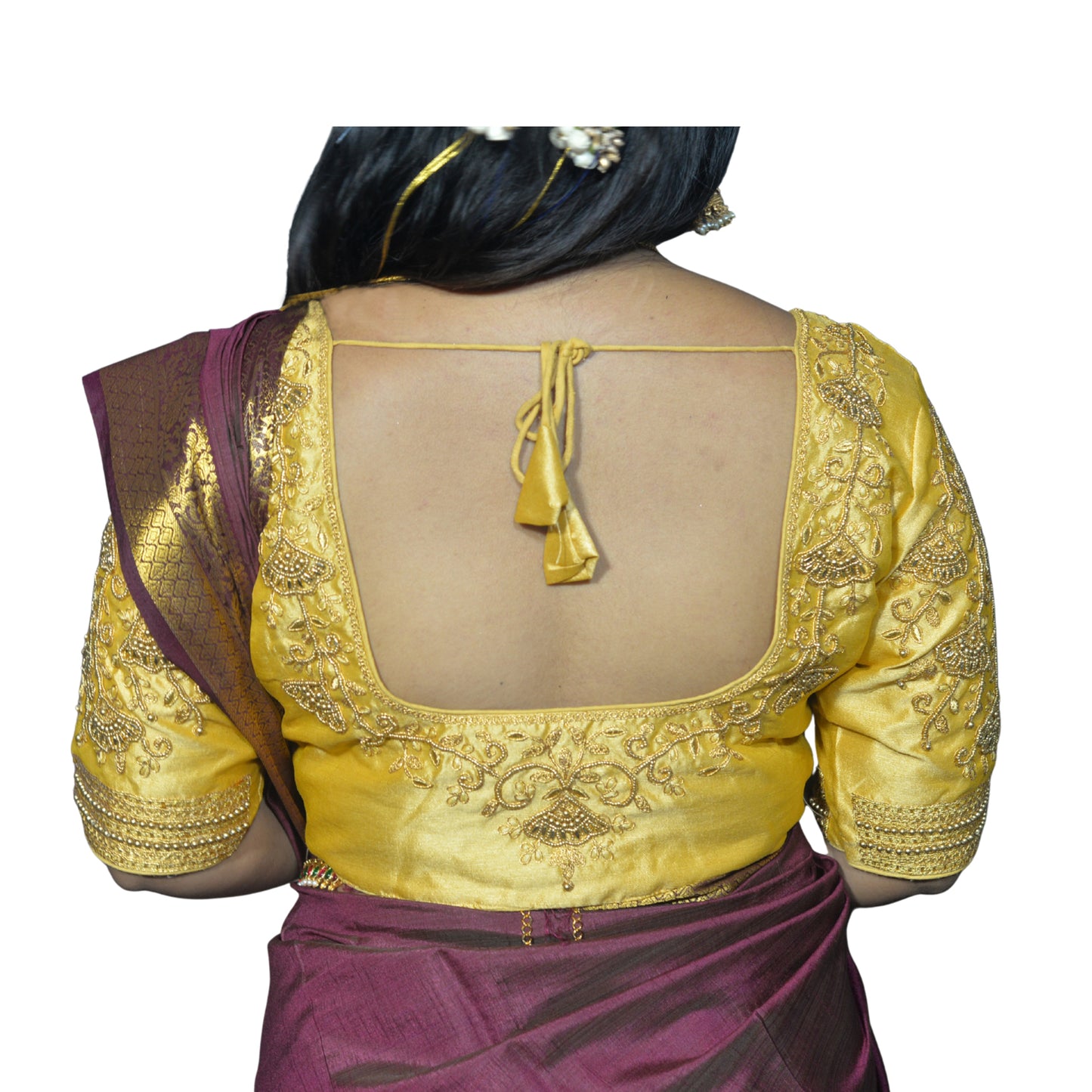 Gold Blouse with Floral Motifs & Dual Embroidery