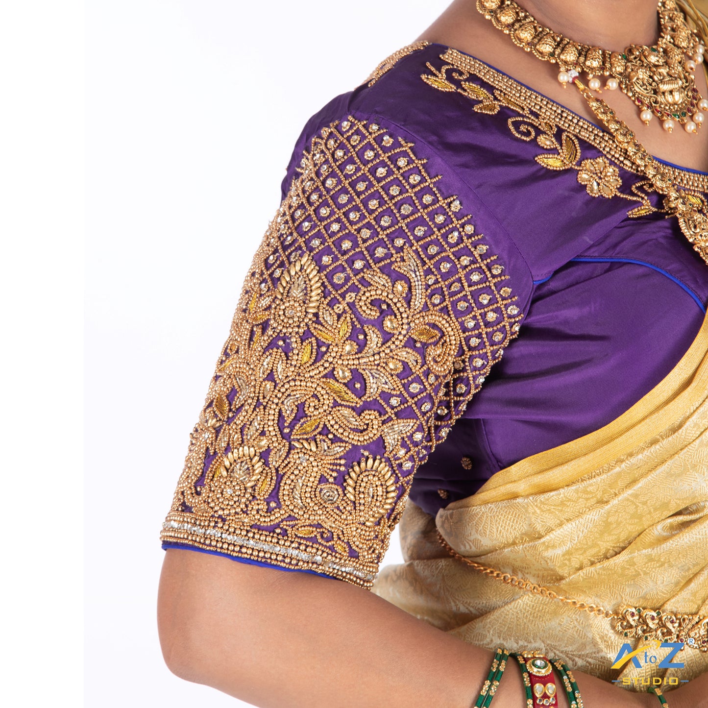 Purple Silk Cloth Blouse with Small Peacock and square chain Design