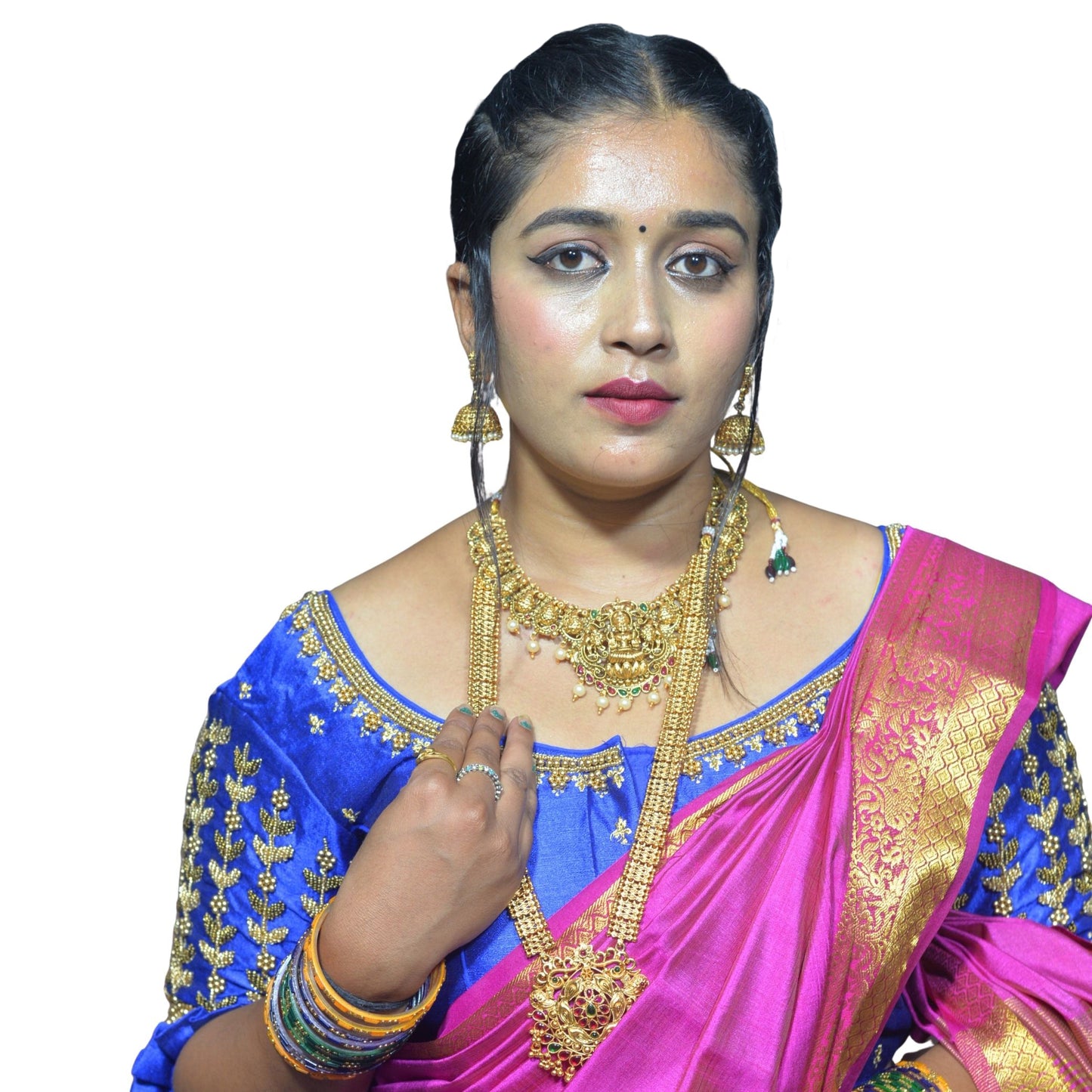 Designer Royal Blue Blouse with Leaf and Flower Sleeve Design and Aari Embroidered Back