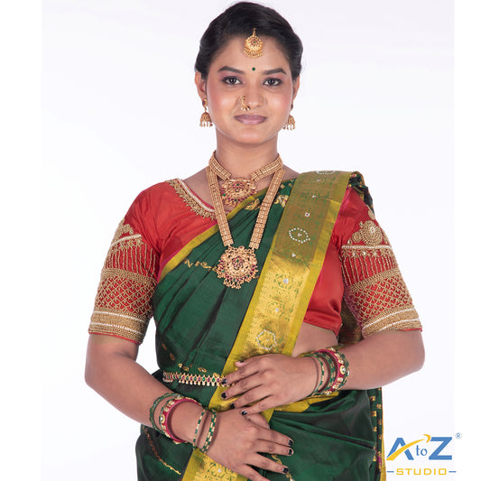 Red Silk Cloth Blouse with Jumka with chain crizz cross Design