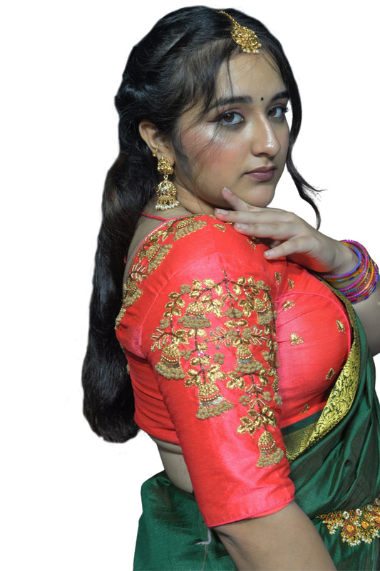 Elegant V-Pink Blouse with Floral Aari & Machine Embroidery