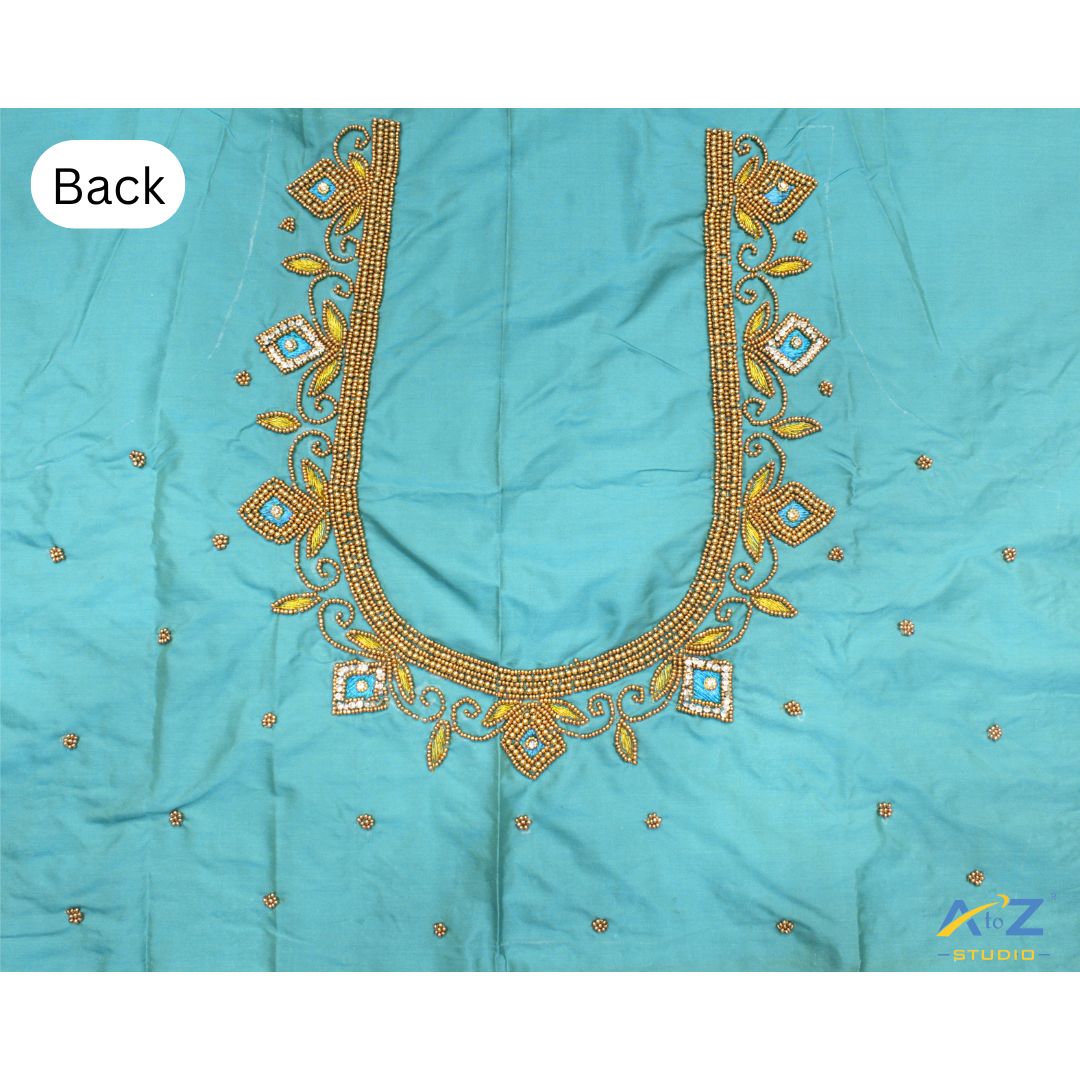 Sea Blue Silk Blouse Piece With Aari Work