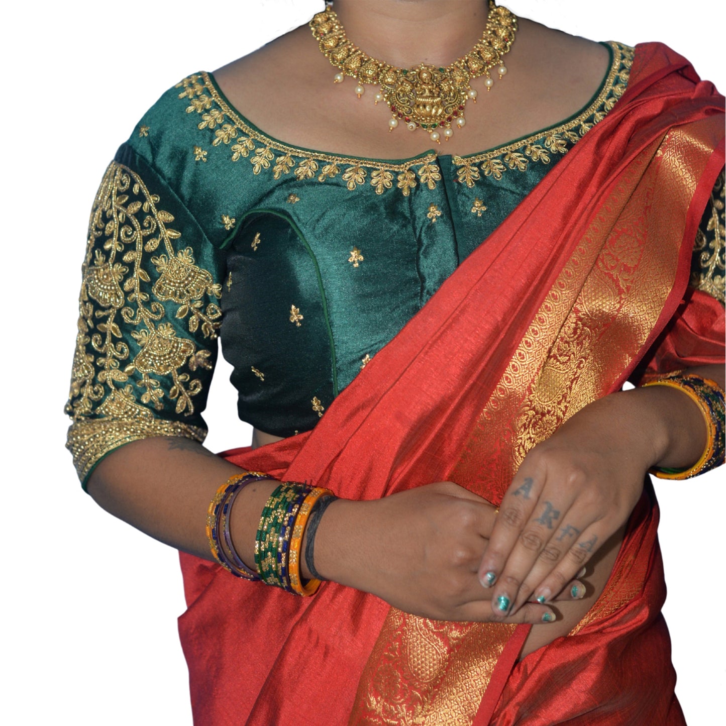 Dark Green Blouse with Floral Motifs & Dual Embroidery