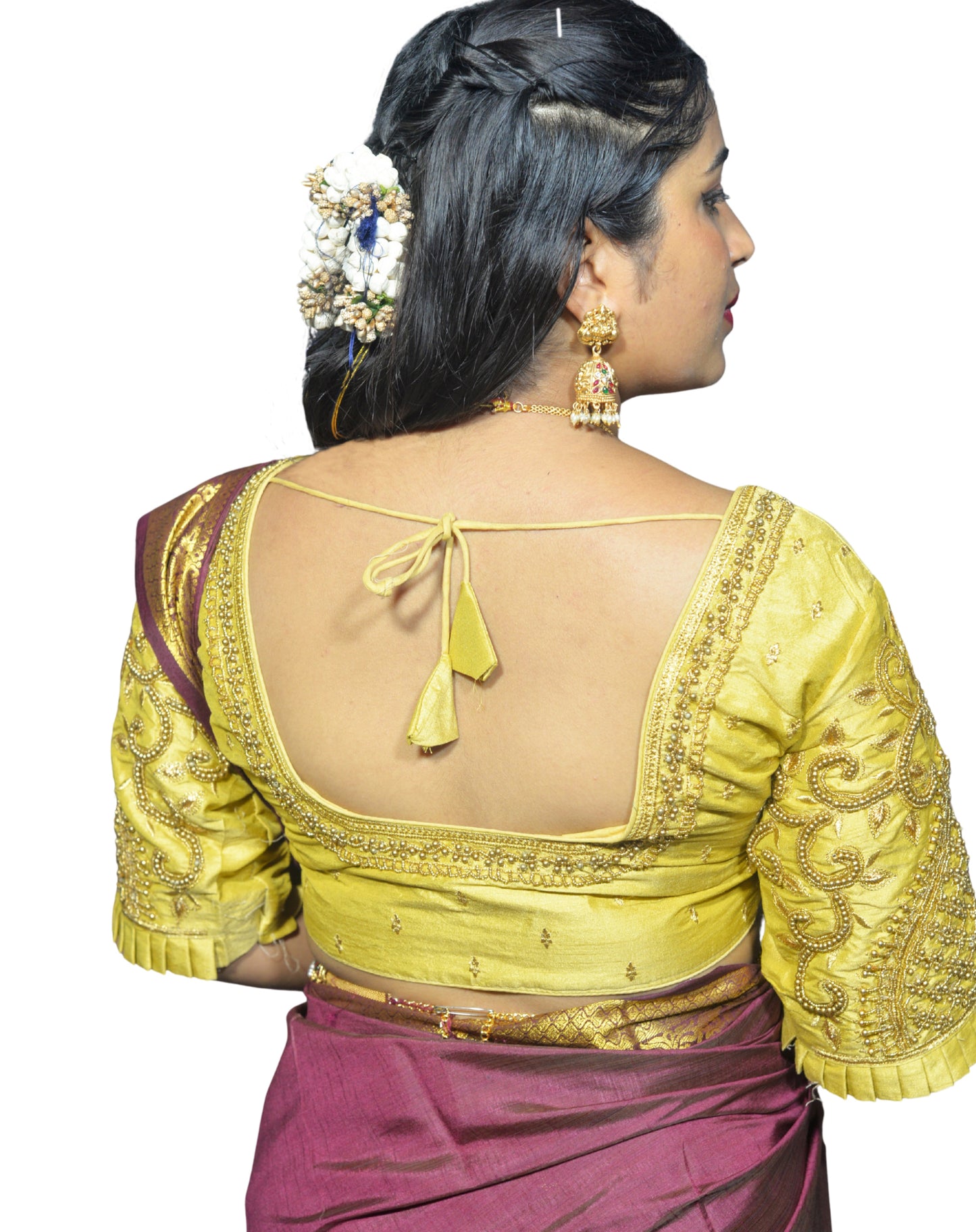Gold Blouse with Leaf Sleeves & Dual Embroidery