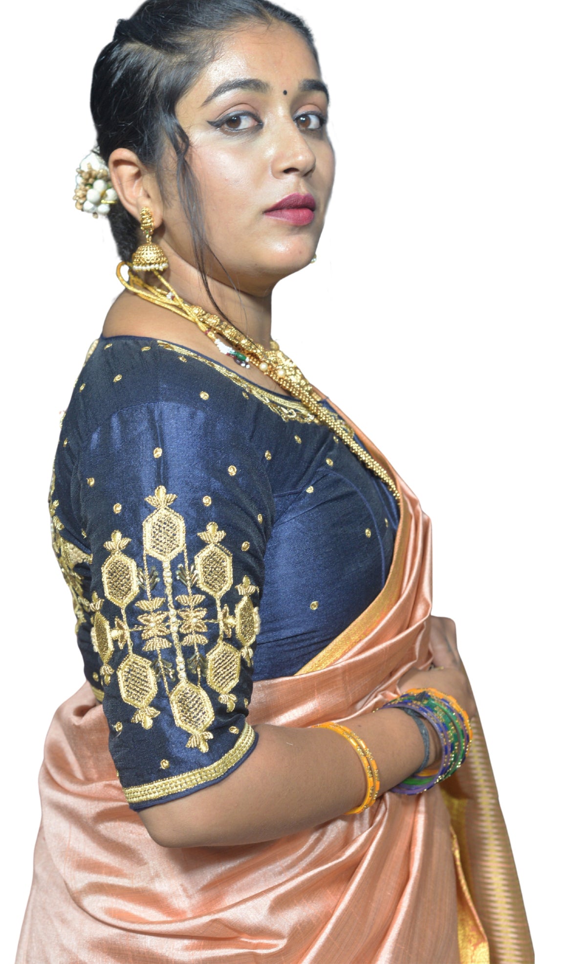 Navy Blue Blouse with Floral & Geometric Embroidery
