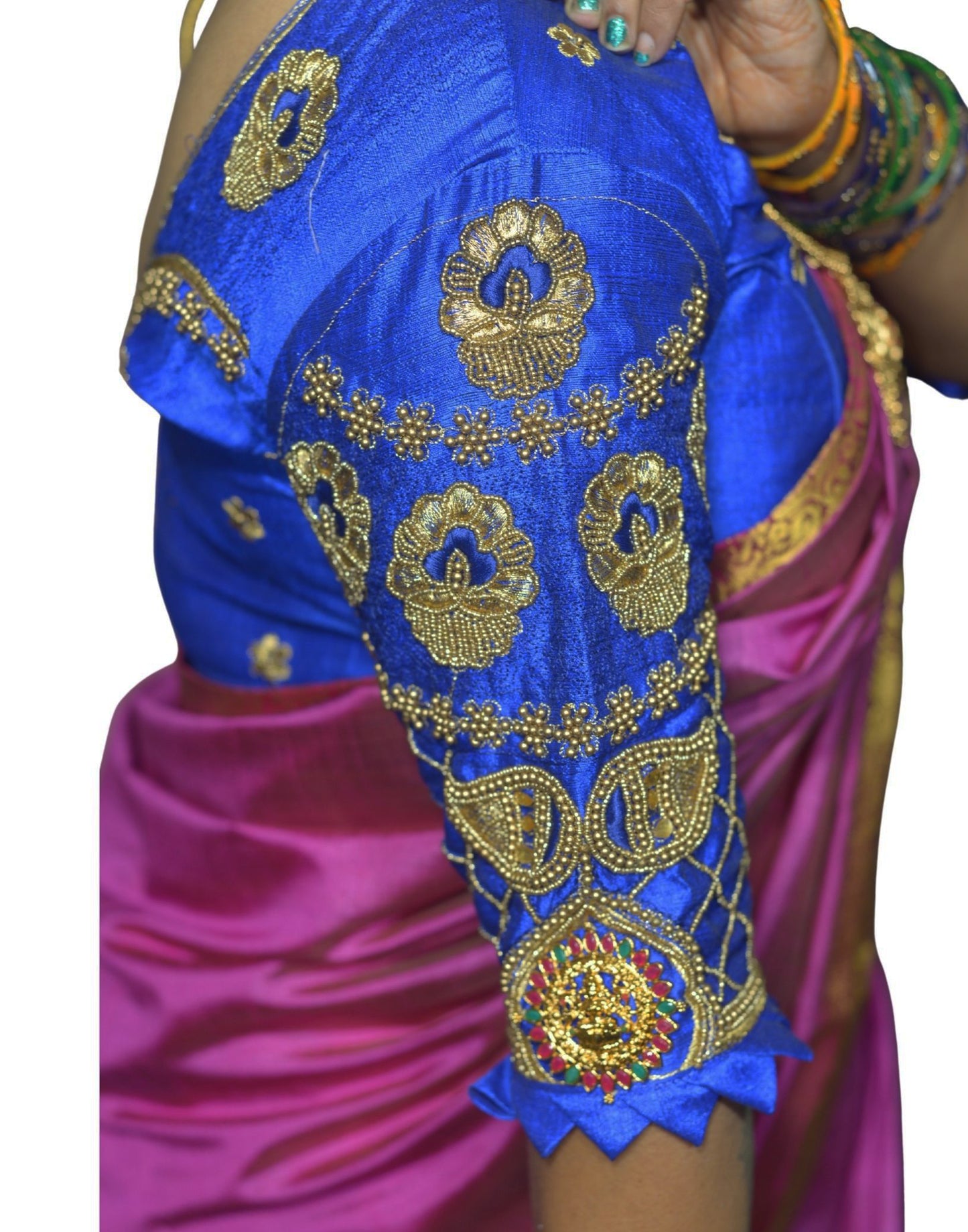Traditional Royal Blue Blouse with Criss-Cross Sleeves and Lakshmi Aari Work