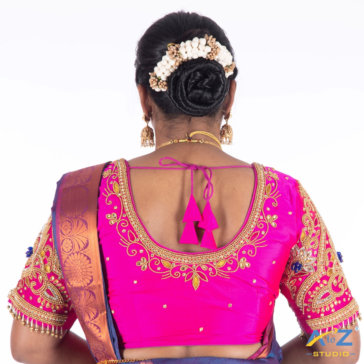 Bright Pink Silk Cloth Blouse with Rain drop nd kundan Design