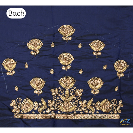 Navy Blue Silk Blouse Piece With Aari Work
