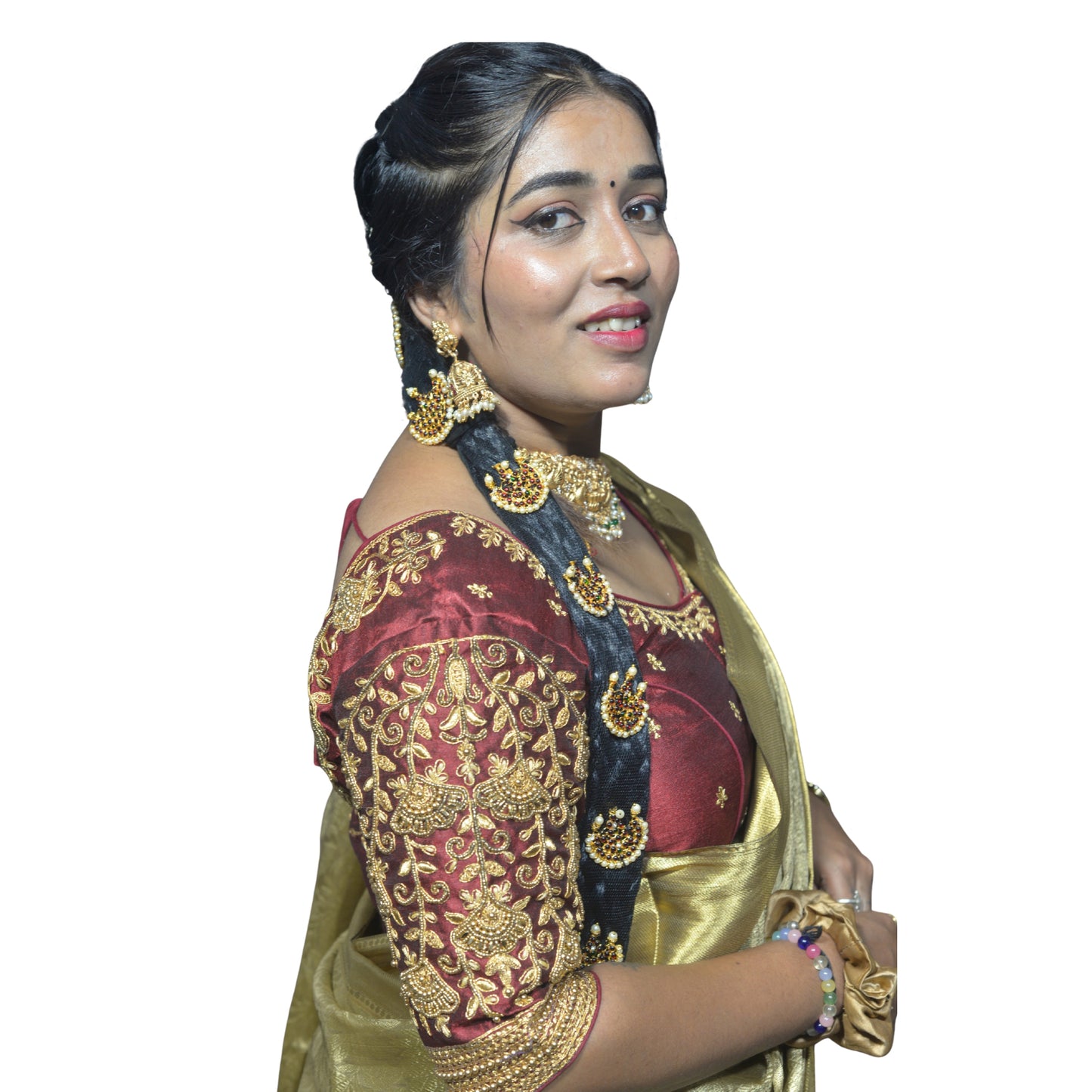 Maroon Blouse with Floral Motifs & Dual Embroidery