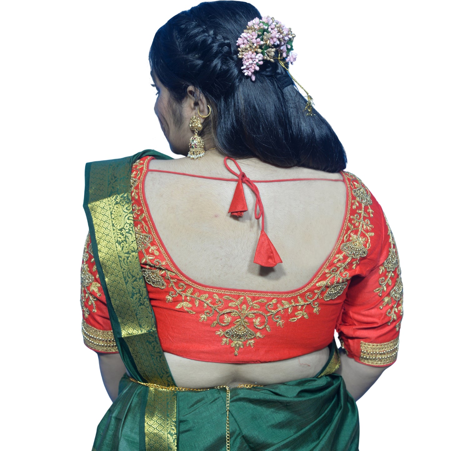 Red Blouse with Floral Motifs & Dual Embroidery