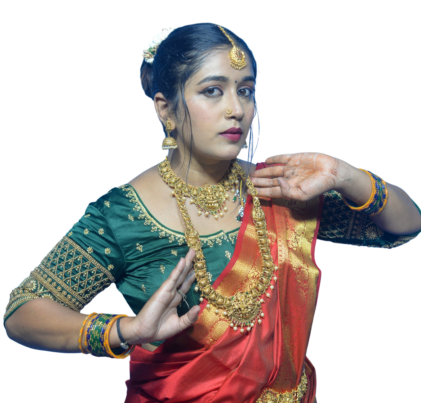 Designer Dark Green Blouse with Criss-Cross Floral Sleeves and Aari Embroidered Back