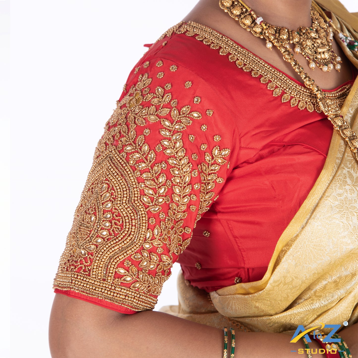 Red Silk Cloth Blouse with Small leaf and chain work Design