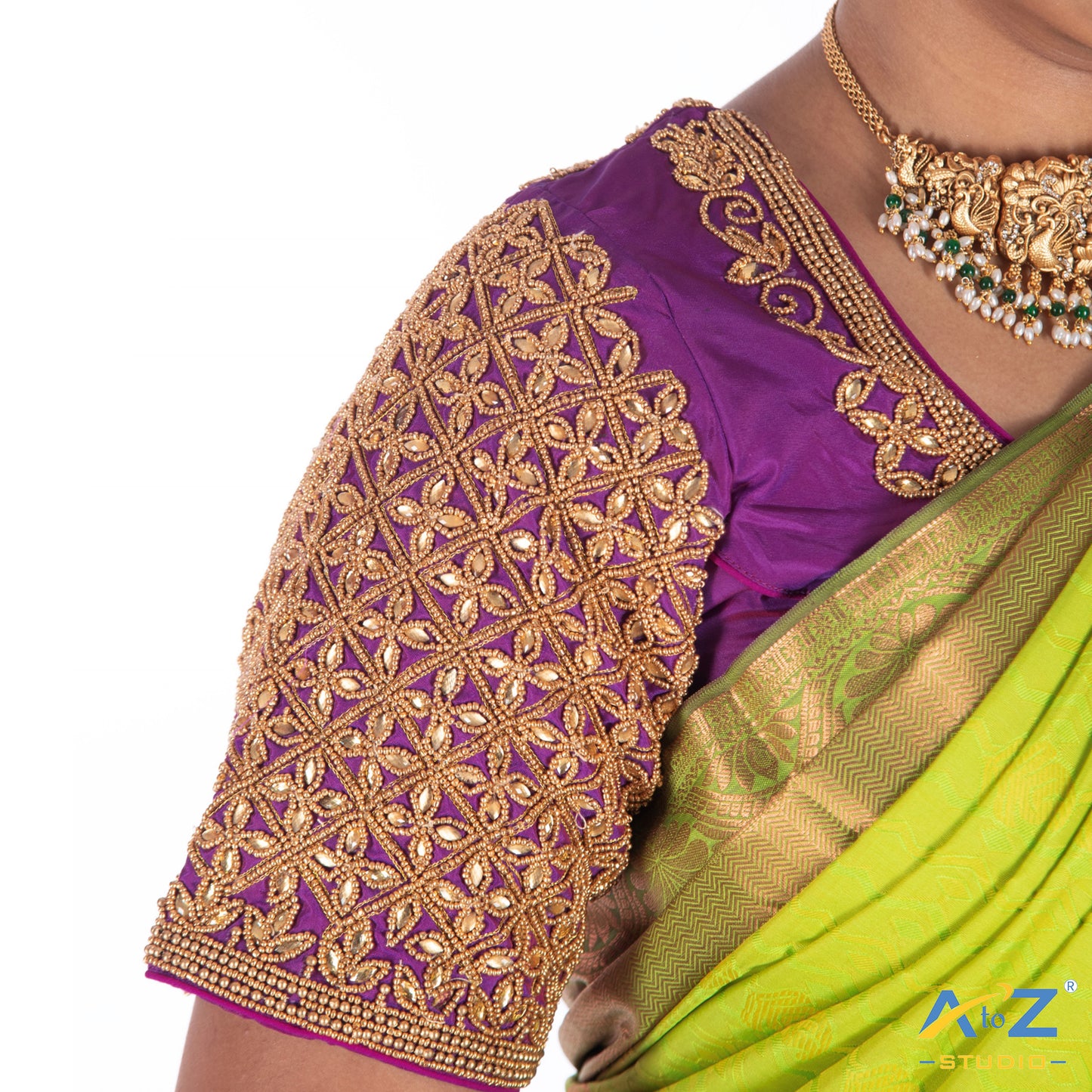 Bright Purple Silk Cloth Blouse with Kundan flower Design Design