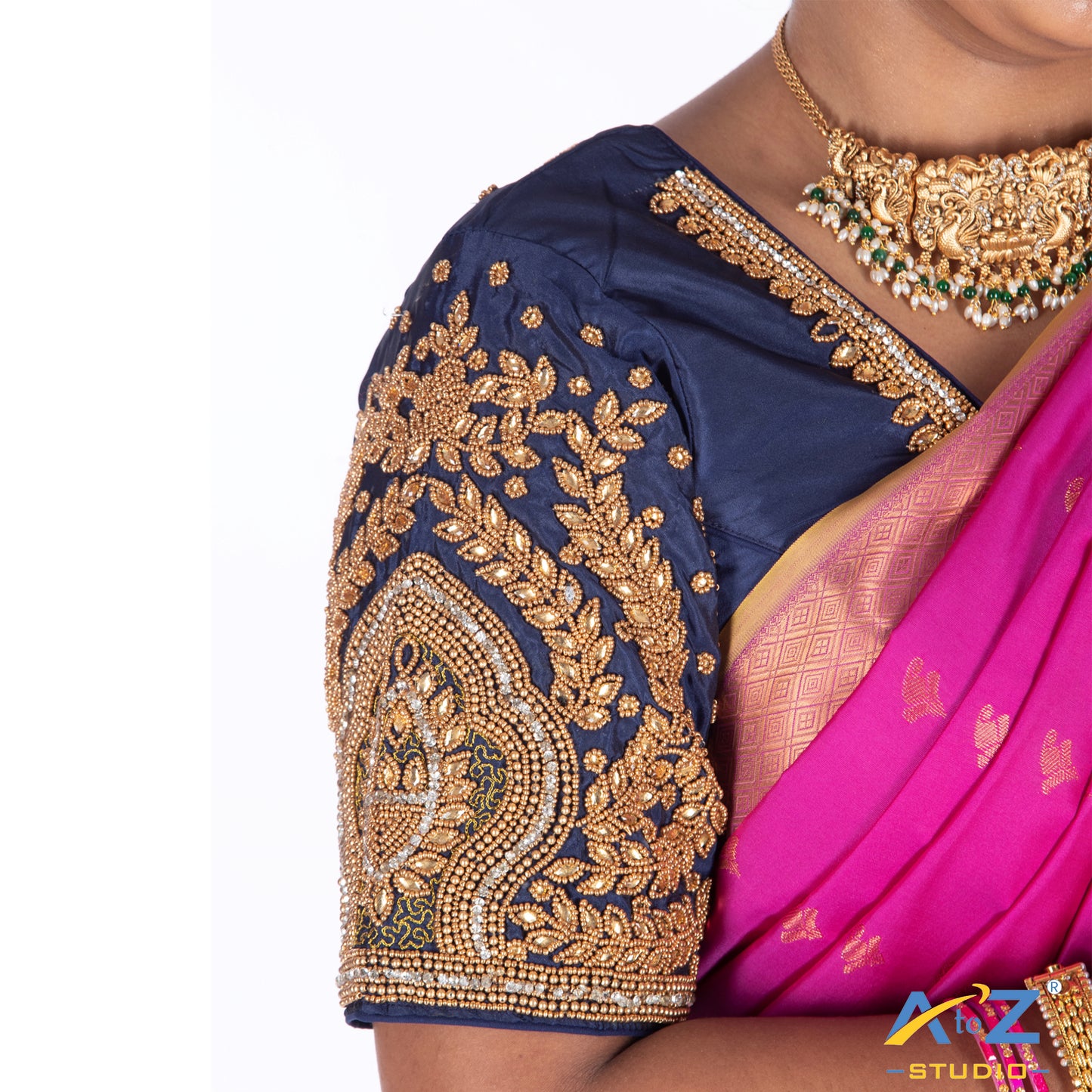 Navy Blue Silk Cloth Blouse with Small leaf and chain work Design