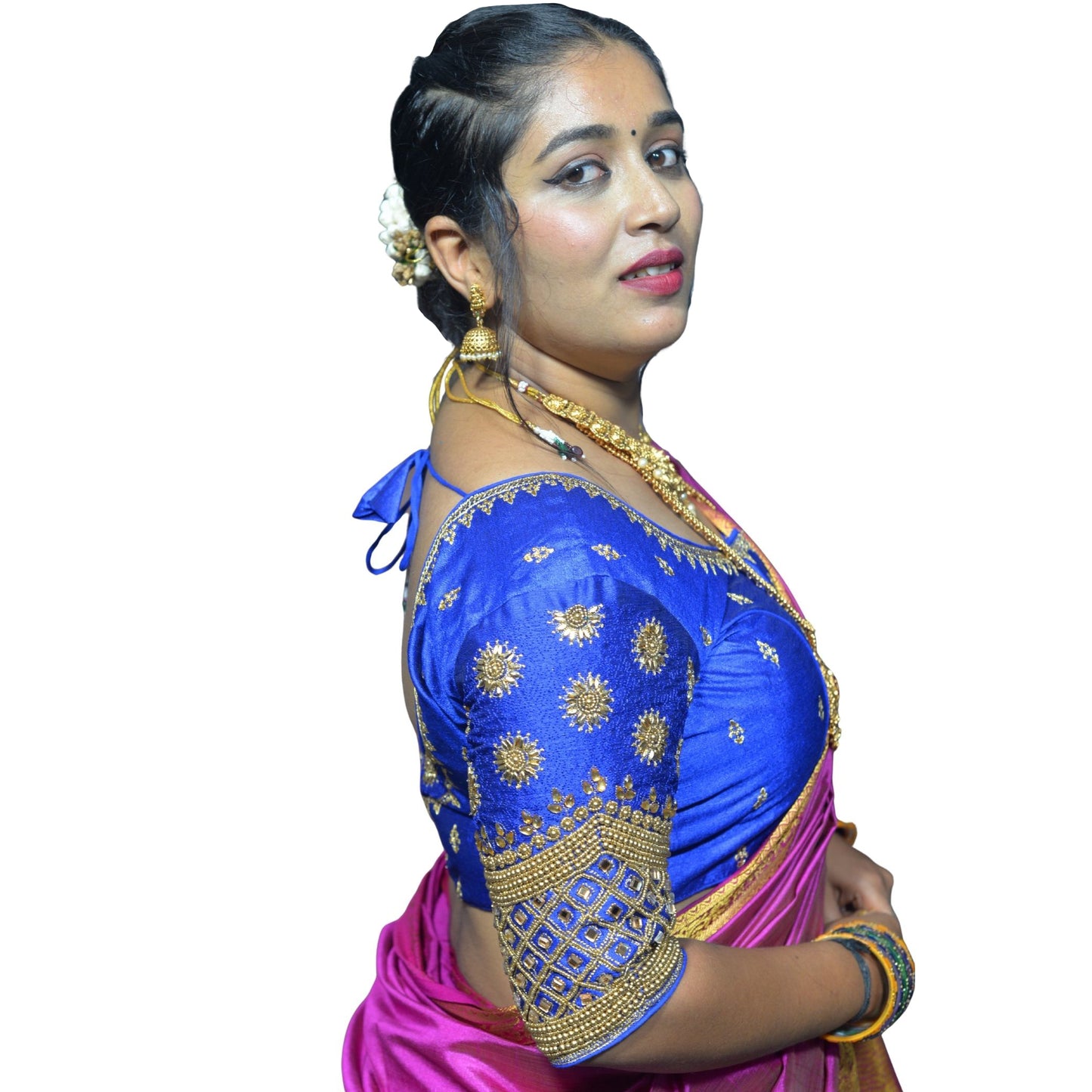 Royal Blue Blouse with Floral, Mango Stone & Kite Motifs, Dual Embroidery