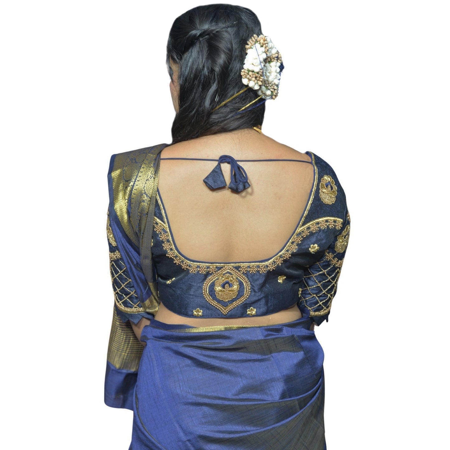 Traditional Navy Blue Blouse with Criss-Cross Sleeves and Lakshmi Aari Work