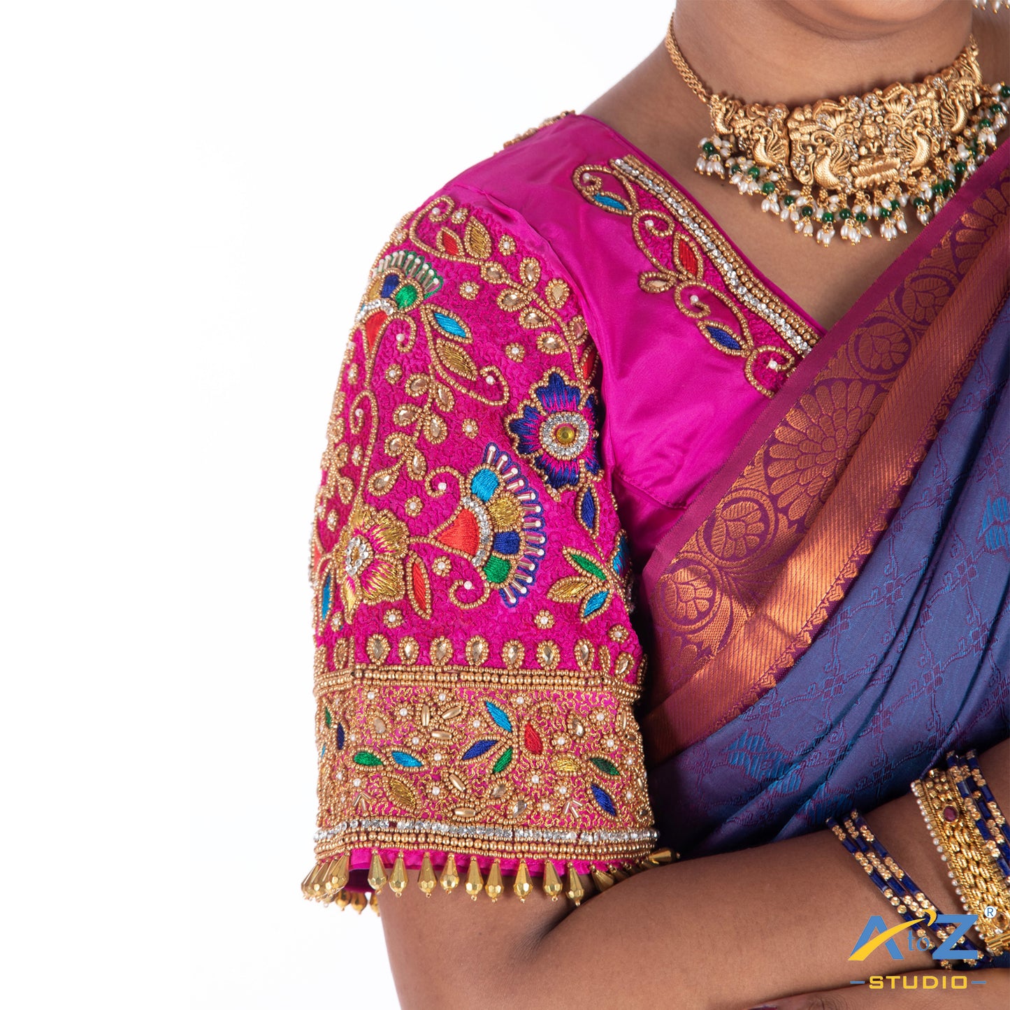 Bright Pink Silk Cloth Blouse with Flower and leaf pattern Design