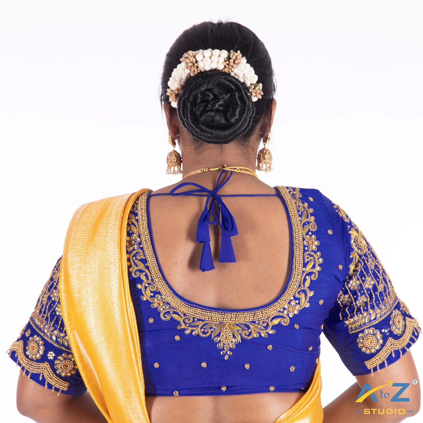 Royal Blue Silk Cloth Blouse with Flower and chain Design