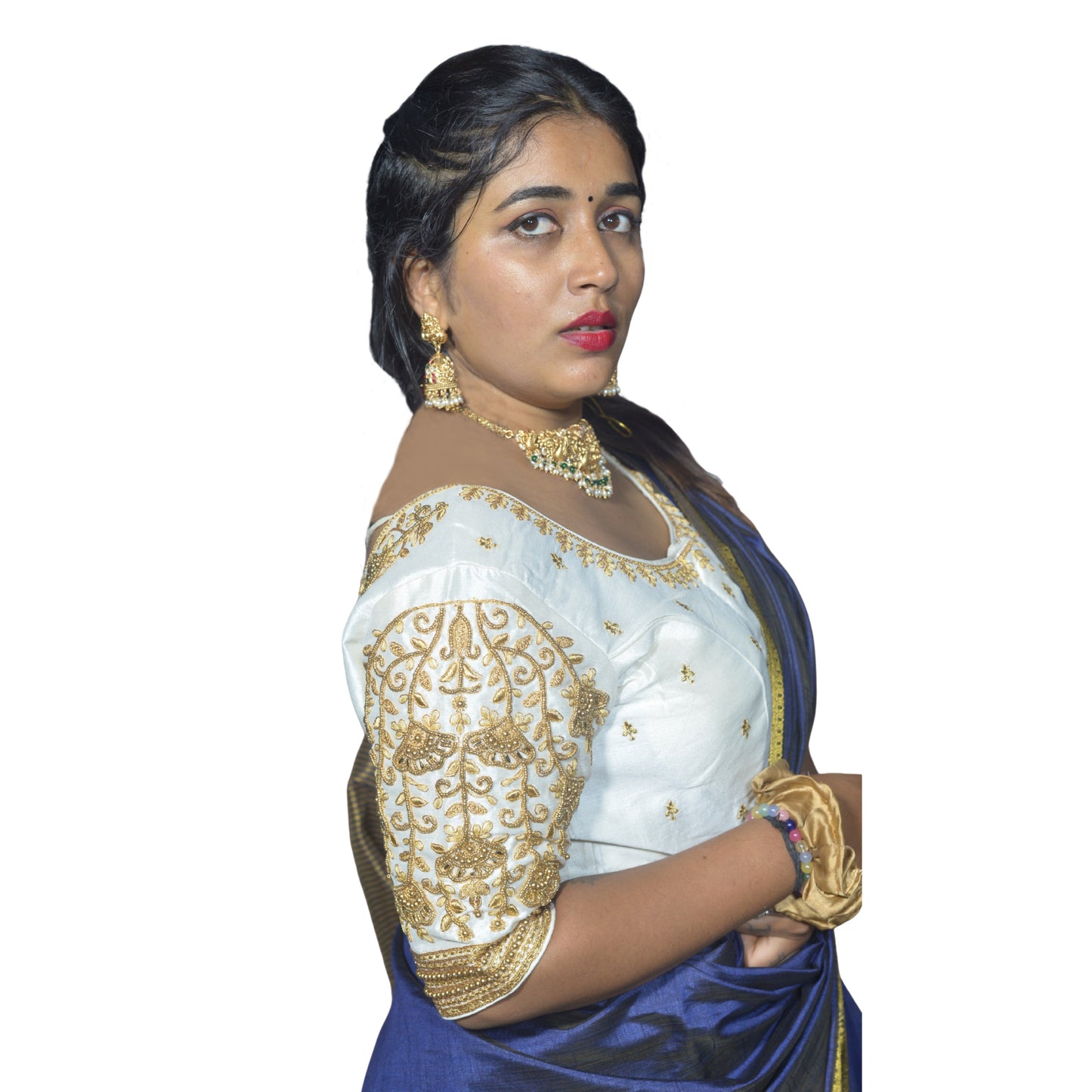 White Blouse with Floral Motifs & Dual Embroidery