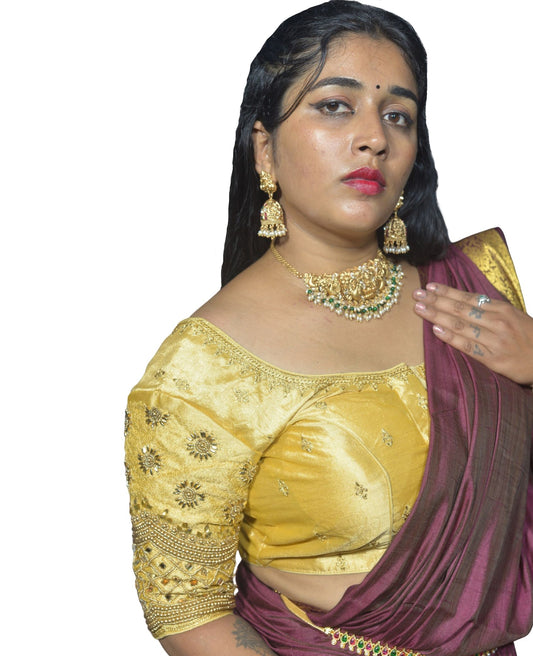 Gold Blouse with Criss-Cross, Footprint & Bush Embroidery