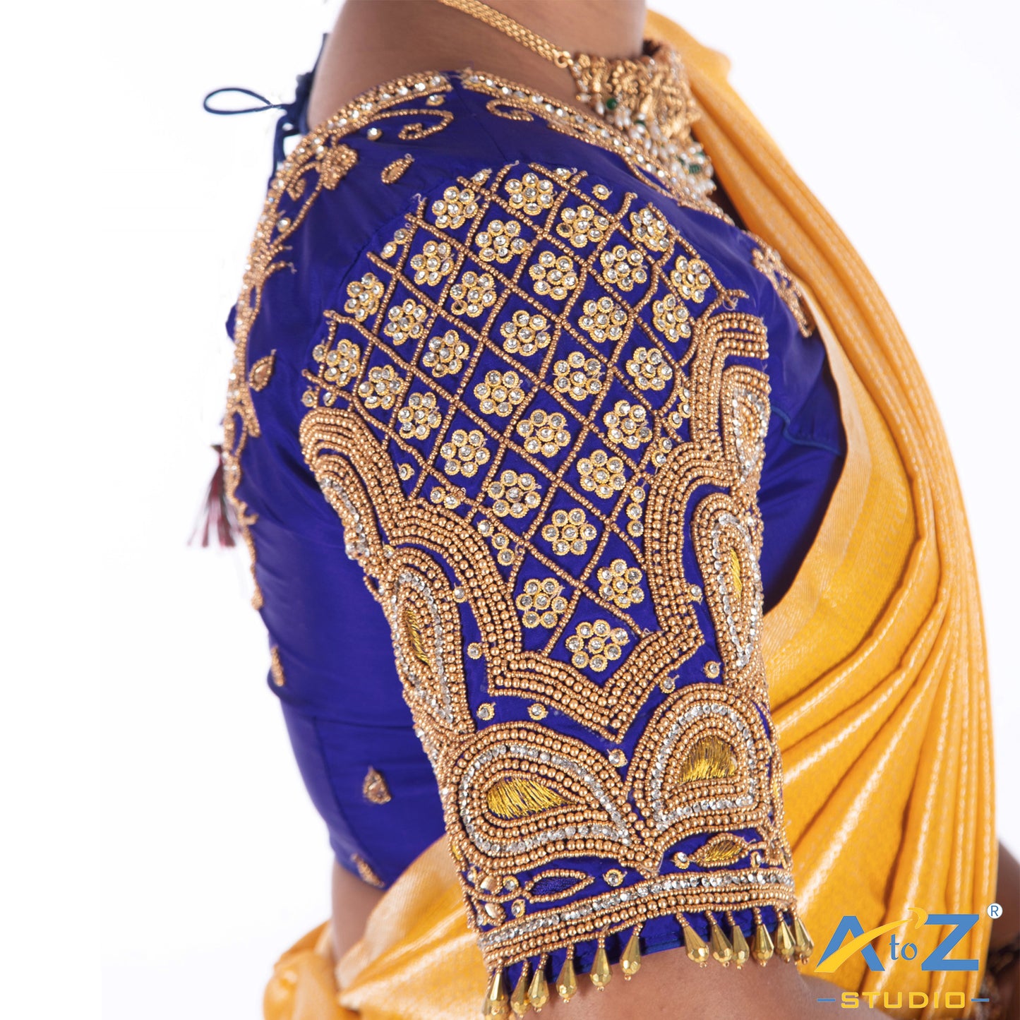 Royal Blue Silk Cloth Blouse with Mango and square flower Design