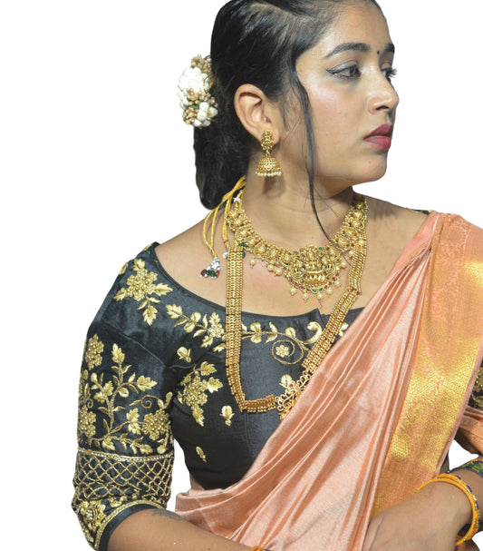 Unique Black Blouse with Floral Motifs and Criss-Cross Sleeve Embroidery in Aari Fusion Work