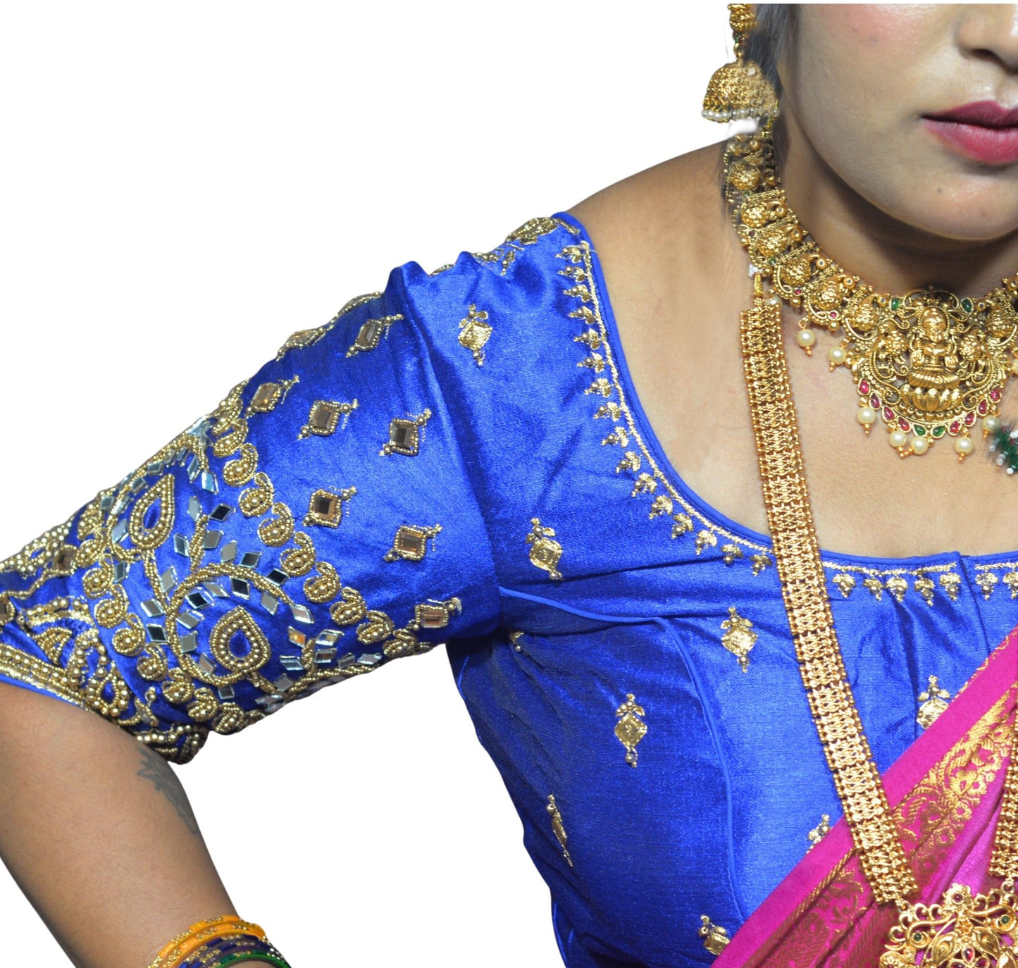 Royal Blue Blouse with Kite & Mango Motifs, Dual Embroidery