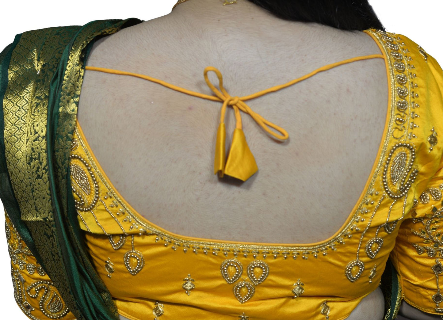 Golden Yellow Blouse with Kite & Mango Motifs, Dual Embroidery