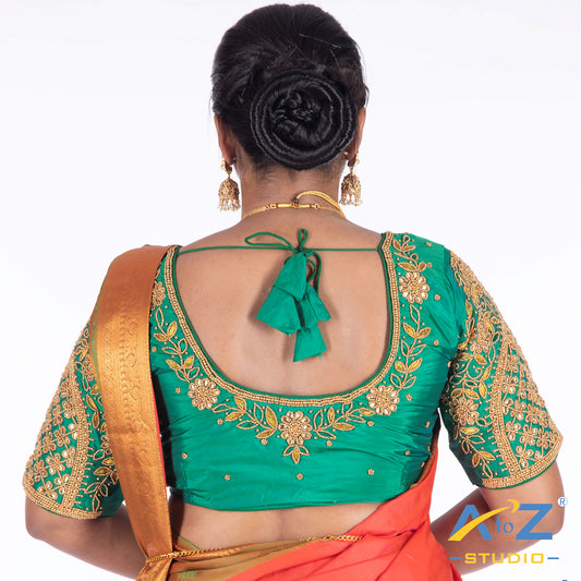 Rama Green Silk Cloth Blouse with Leaf and flower Design
