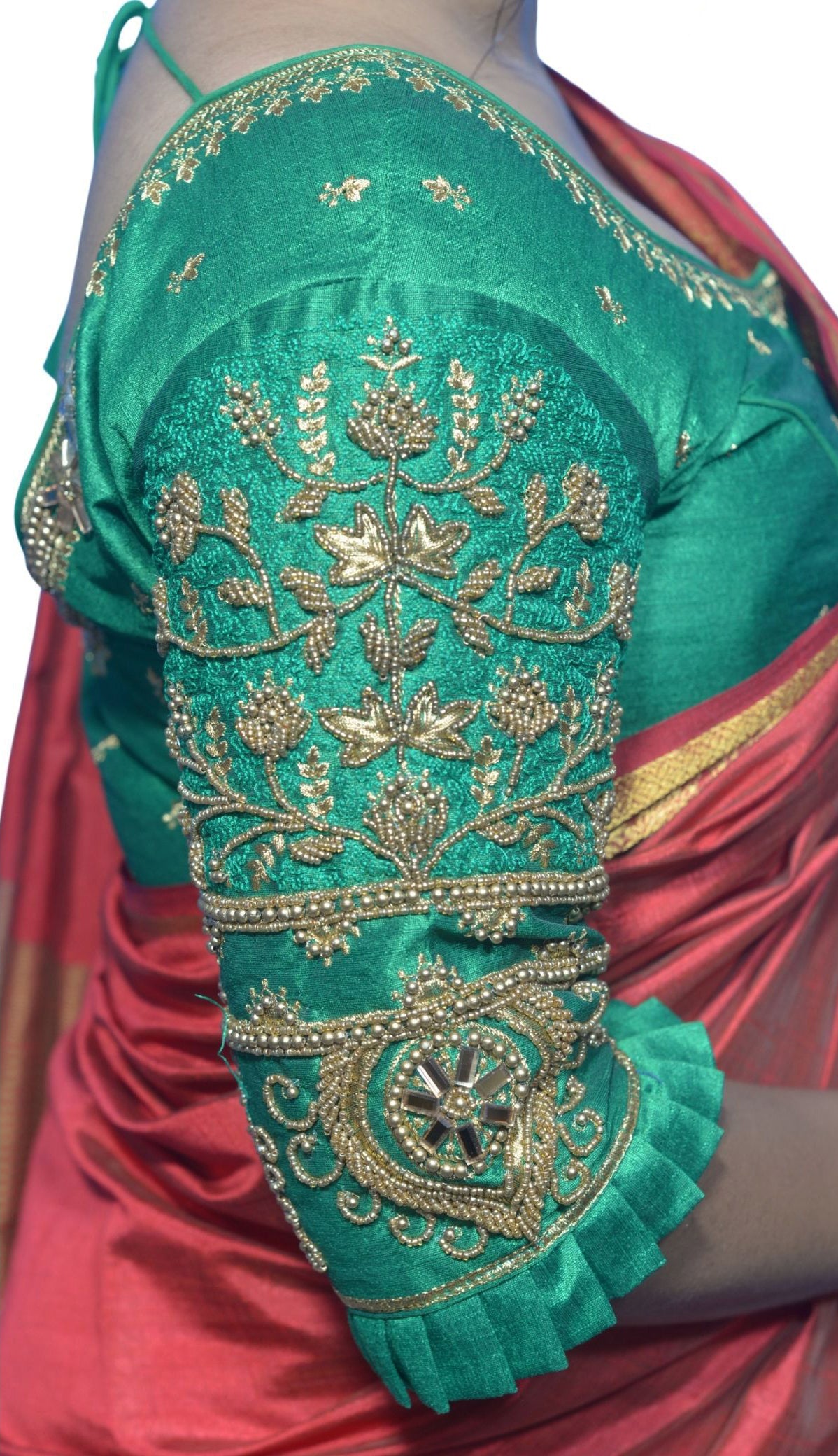 Festive Peacock Green Blouse with Diya Motif and Floral Aari Fusion Work