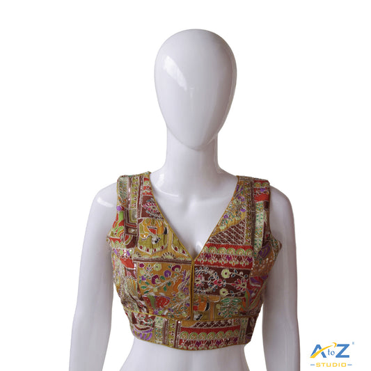 Yellow Multicolor Vintage Mirror Work Patchwork Blouse