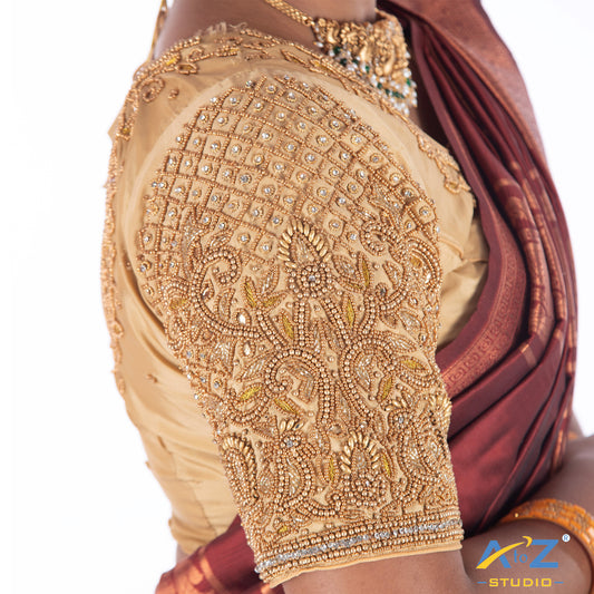 Ivory Silk Cloth Blouse with Small Peacock and square chain Design