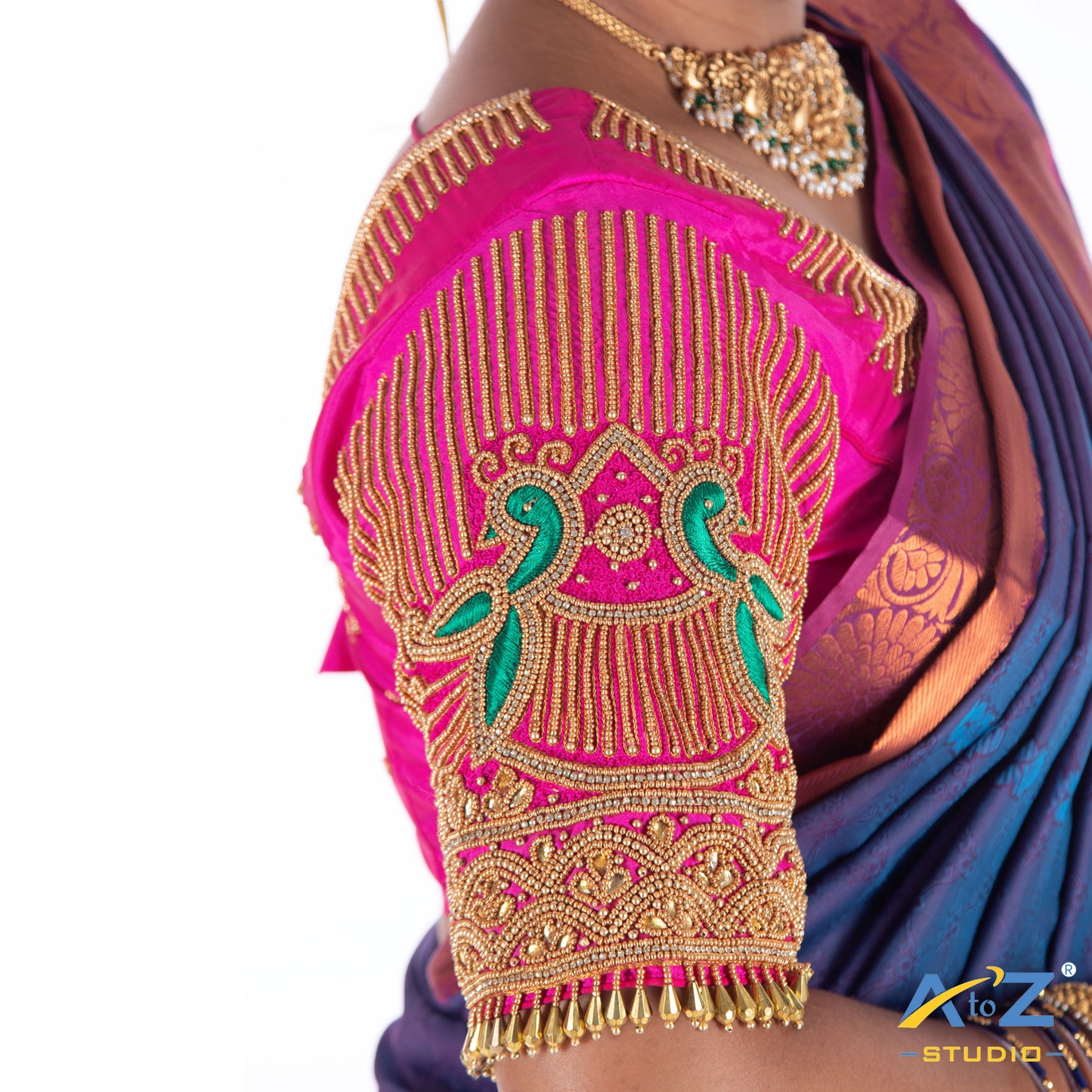 Bright Pink Silk Cloth Blouse with Small peacock double and chain and beeds Design