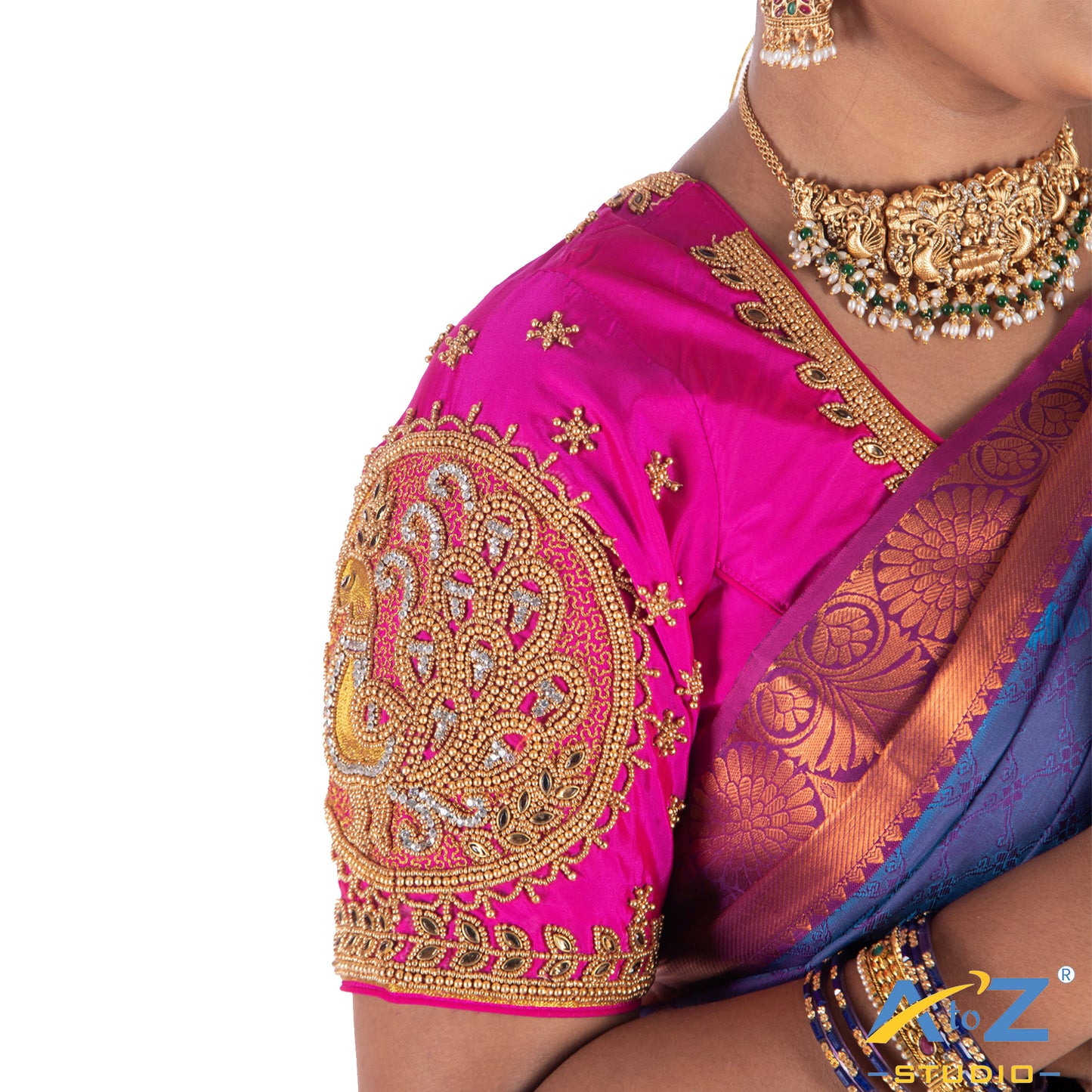 Fuchsia Silk Cloth Blouse with Big peacock in circle Design