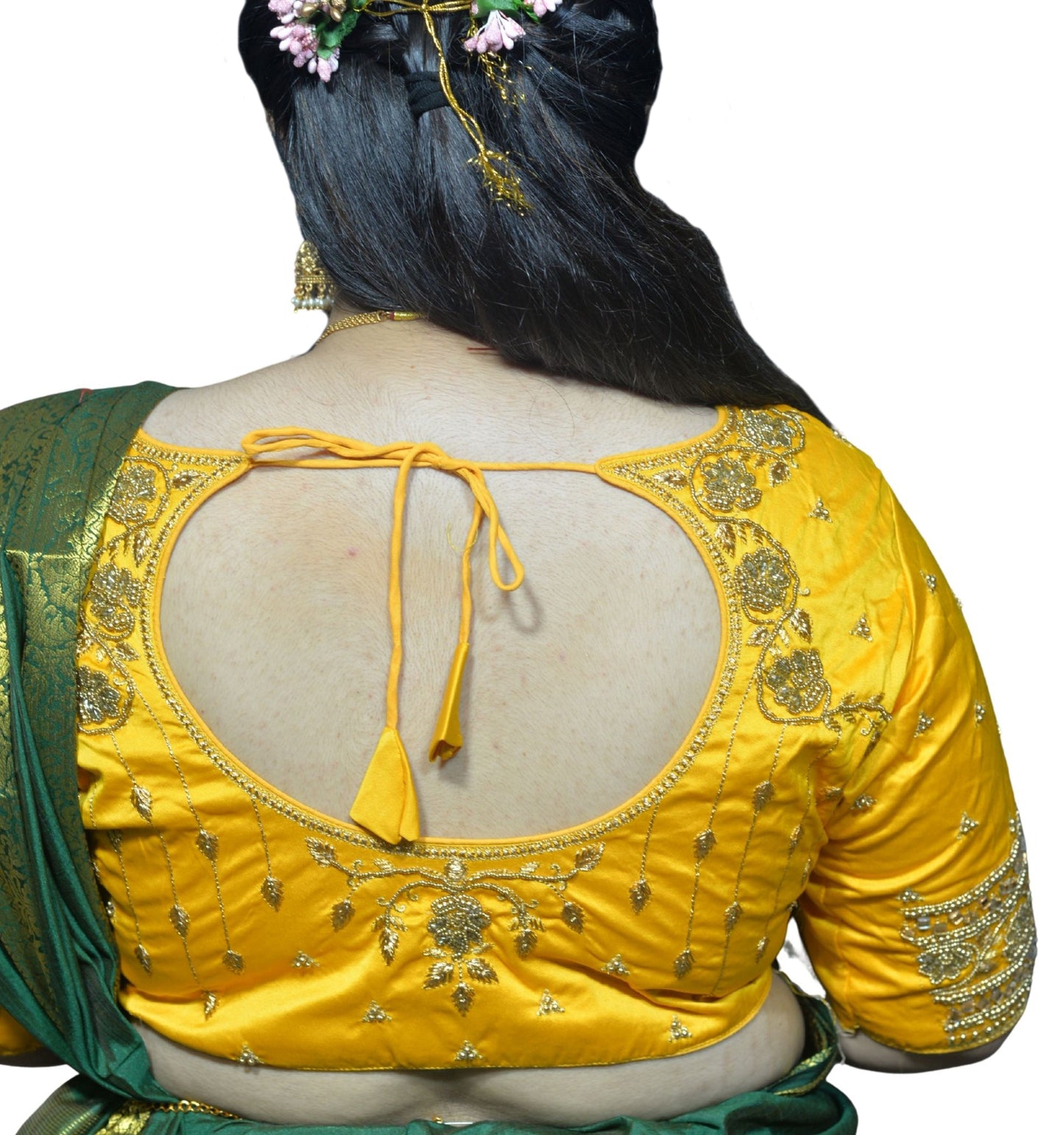 Designer Golden Yellow Blouse with Floral and Moti Sleeves and Aari Embroidered Back