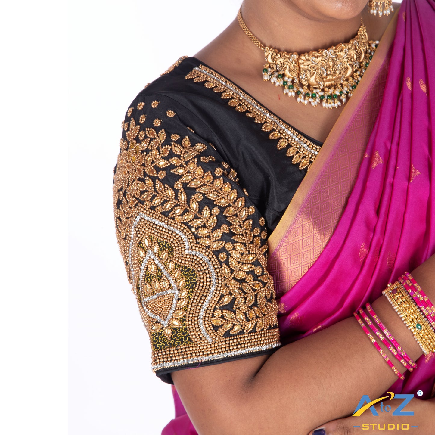 Black Silk Cloth Blouse with Small leaf and chain work Design