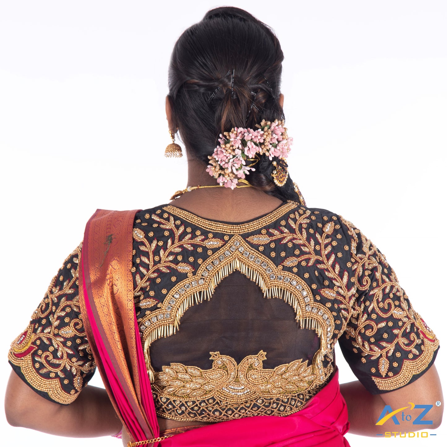 Black Silk Cloth Blouse with Back double peacock and kundan Design