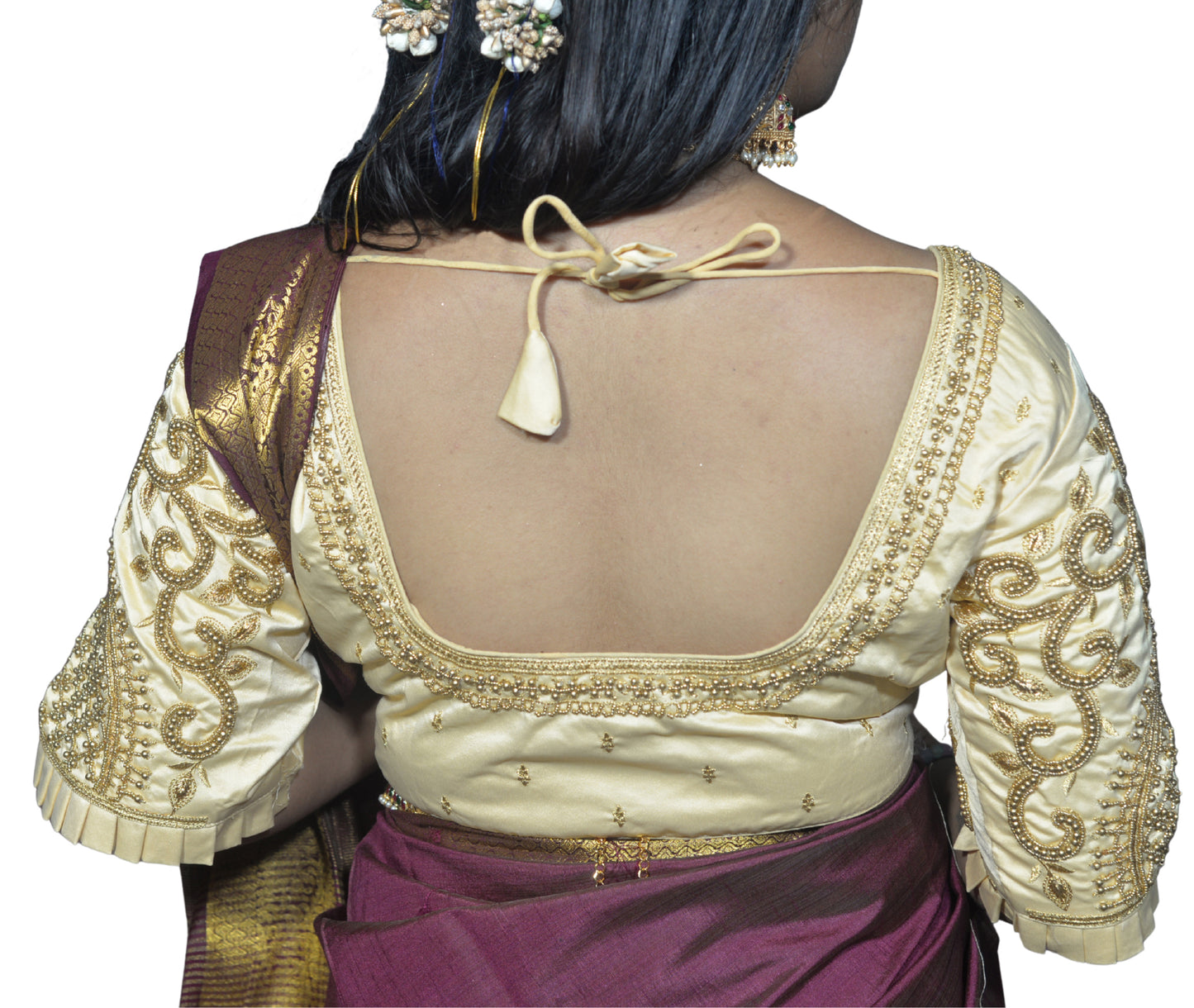 Ivory Blouse with Leaf Sleeves & Dual Embroidery