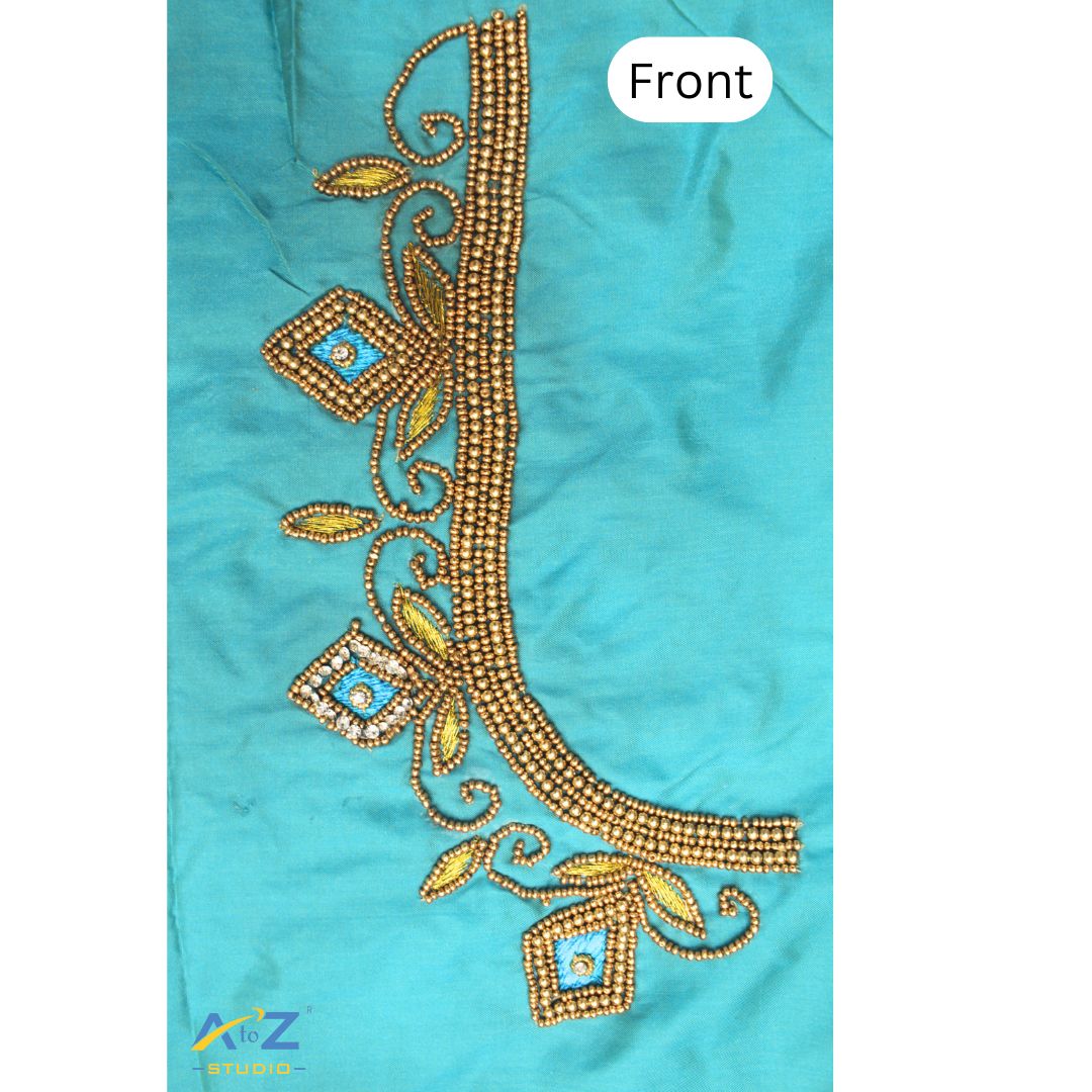 Sea Blue Silk Blouse Piece With Aari Work