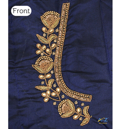 Navy Blue Silk Blouse Piece With Aari Work