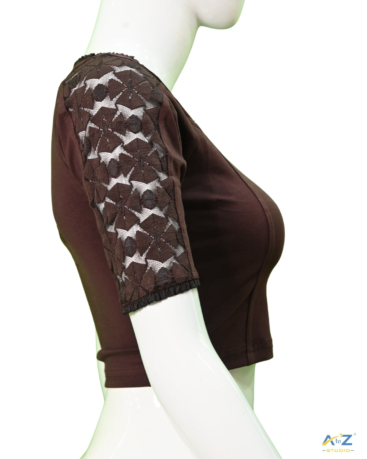 Coffee Cotton Lycra Blouse with Netted Flower Design