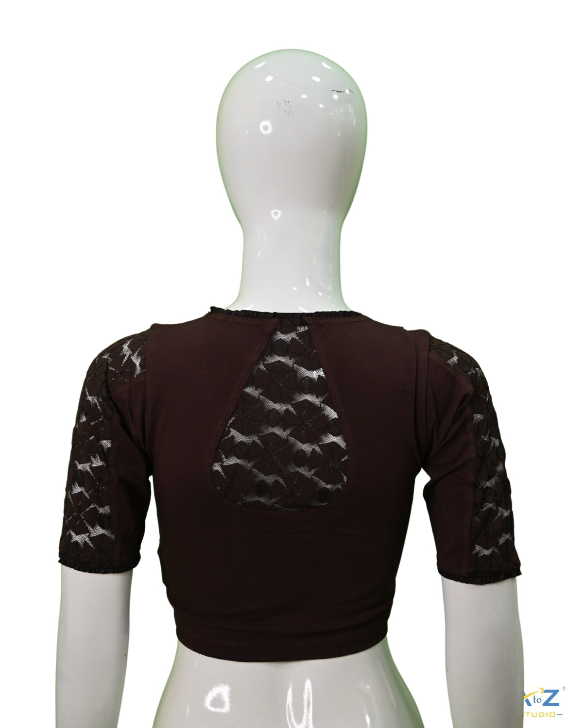 Coffee Cotton Lycra Blouse with Netted Flower Design